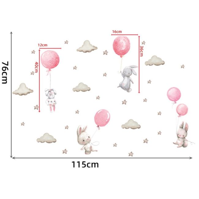 Sticker Decorativ Pentru Copii, Autoadeziv, Iepurasi cu baloane, roz, 70x49 cm EKDWS63028