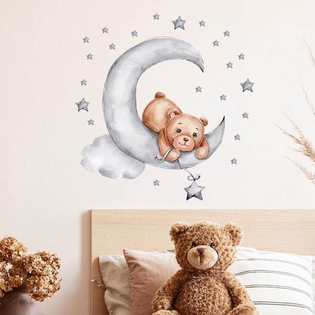 Sticker Decorativ Pentru Copii, Autoadeziv, Ursulet de plus intins pe luna, 62x60 cm EKDWS63037