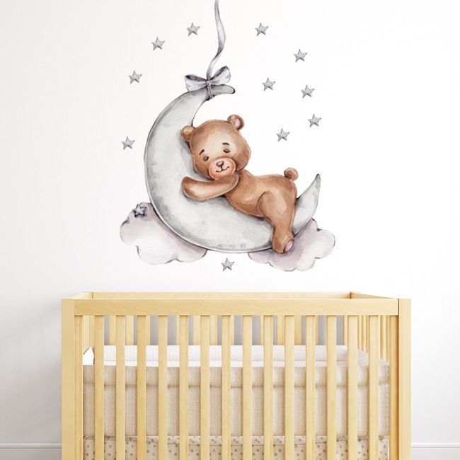 Sticker Decorativ Pentru Copii, Autoadeziv, Ursulet de plus pe luna, 72x57 cm EKDWS63026