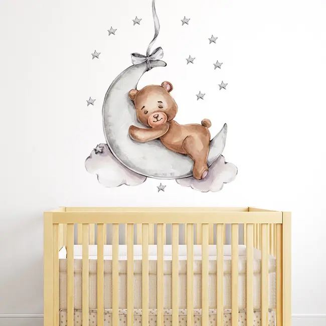 Sticker Decorativ Pentru Copii, Autoadeziv, Ursulet de plus pe luna, 72x57 cm EKDWS63026