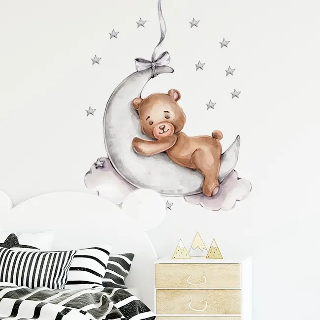 Sticker Decorativ Pentru Copii, Autoadeziv, Ursulet de plus pe luna, 72x57 cm EKDWS63026
