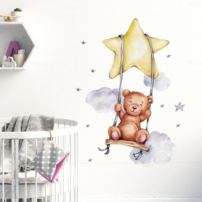 Sticker Decorativ Pentru Copii, Autoadeziv, Ursulet in leagan, 57 x 74 cm EKDWS63034