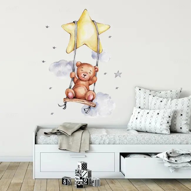 Sticker Decorativ Pentru Copii, Autoadeziv, Ursulet in leagan, 57 x 74 cm EKDWS63034