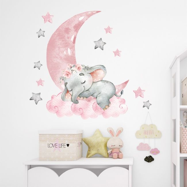 Sticker Decorativ Pentru Copii, Autoadeziv, elefant pe luna, 67x60 cm EKDWS63035