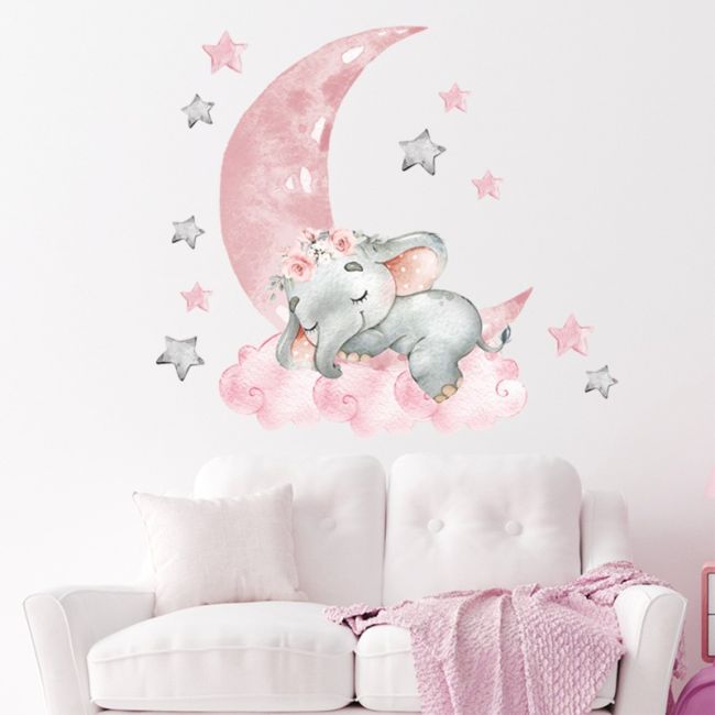 Sticker Decorativ Pentru Copii, Autoadeziv, elefant pe luna, 67x60 cm EKDWS63035