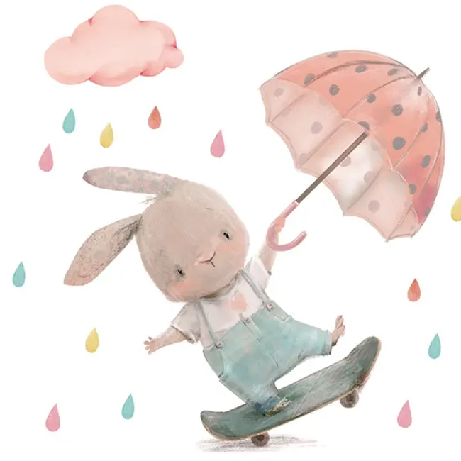 Sticker Decorativ Pentru Copii, Autoadeziv, iepuras pe skateboard, 62x62 cm EKDWS63038