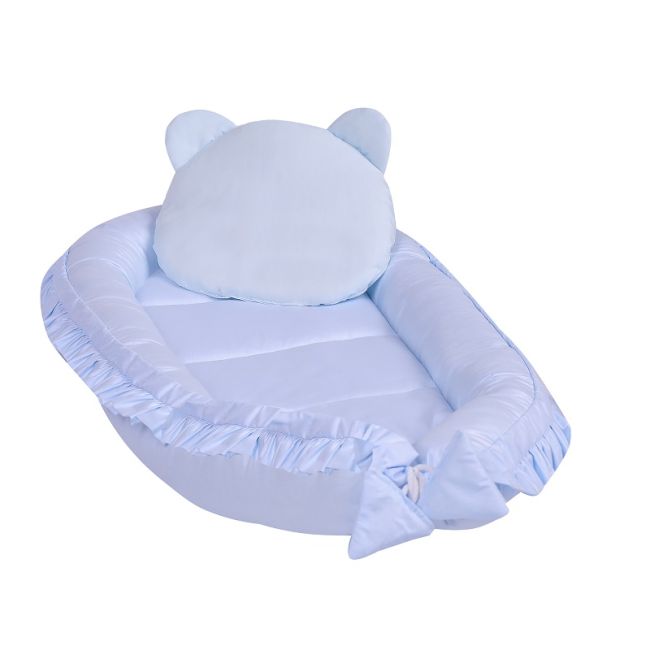 Cosulet Baby Nest din bumbac, cu pernuta si volanase, E-Kids, Blue EKDbn82955