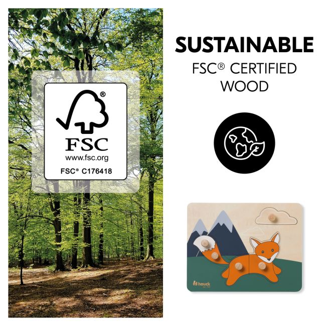 Puzzle din lemn certificat FSC, cu piese imbinate, Hauck, Fox EKDhk13069