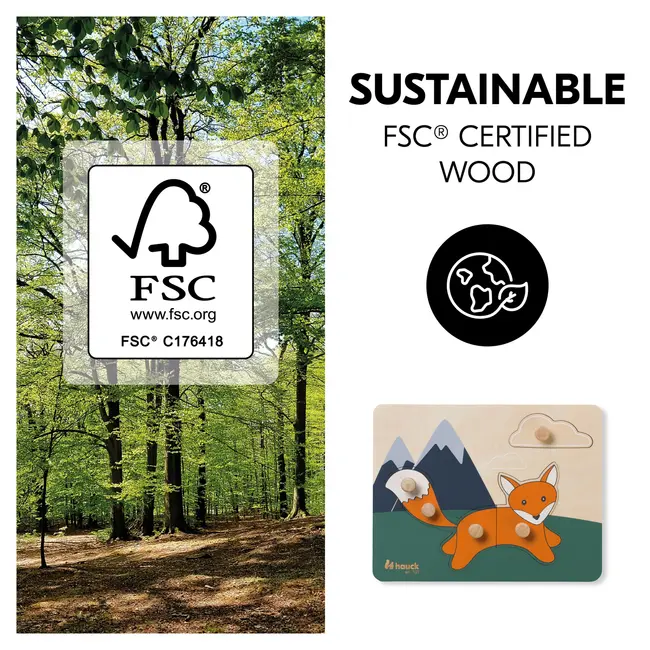 Puzzle din lemn certificat FSC, cu piese imbinate, Hauck, Fox EKDhk13069