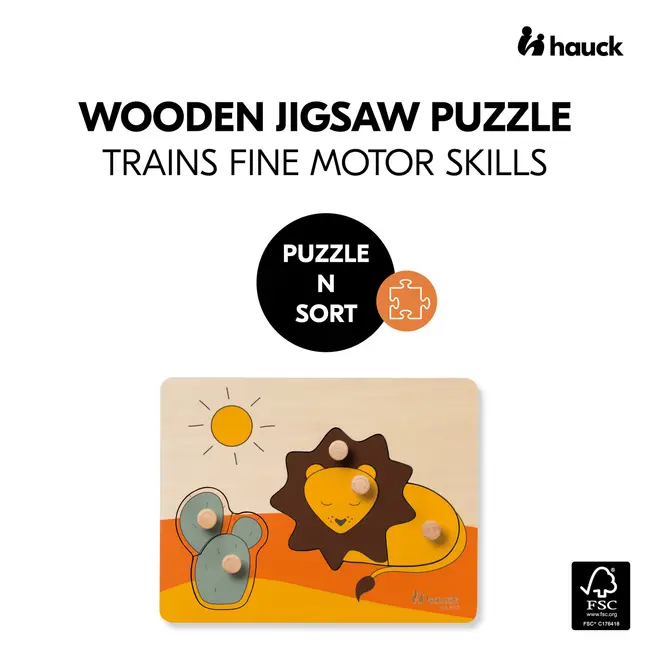 Puzzle din lemn certificat FSC, cu piese imbinate, Hauck, Lion EKDhk13502