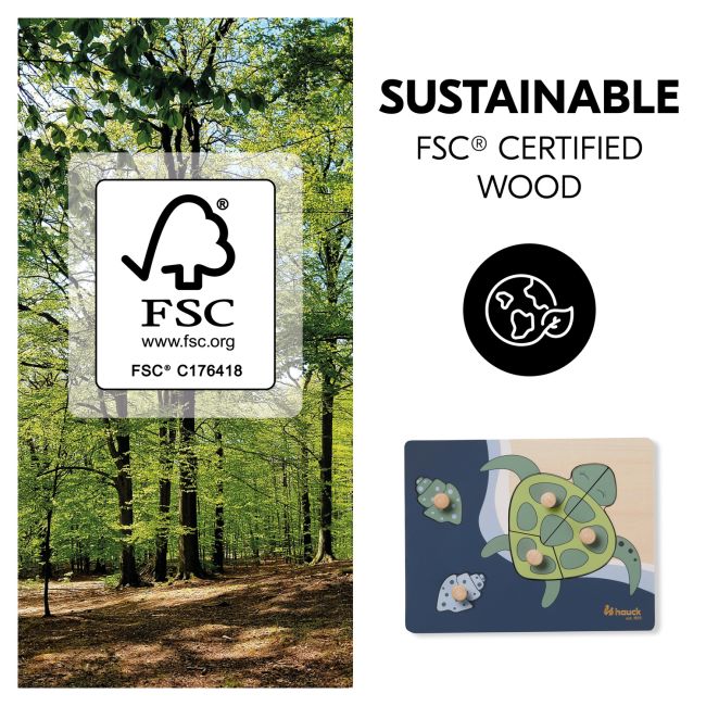 Puzzle din lemn certificat FSC, cu piese imbinate, Hauck, Turtle EKDhk13076