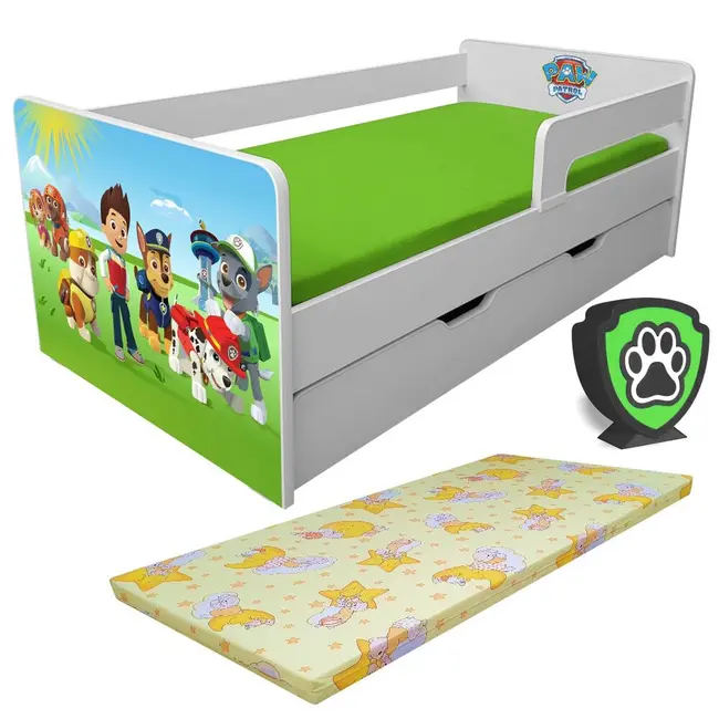 Pat pentru Copii Paw Patrol P1L 2-8 Ani Cu Sertar, Paravane Detasabile + Saltea Light + Lampa Pc-p-paw-p1l-lmk-bas-srt-70