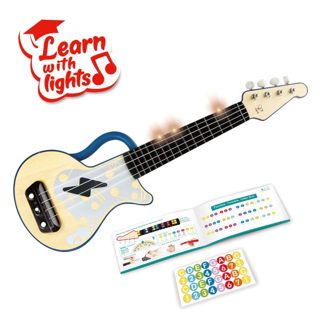 Jucarie din lemn - Instrument Ukulele (chitara) albastru - invata sa canti cu lumini TSG25567