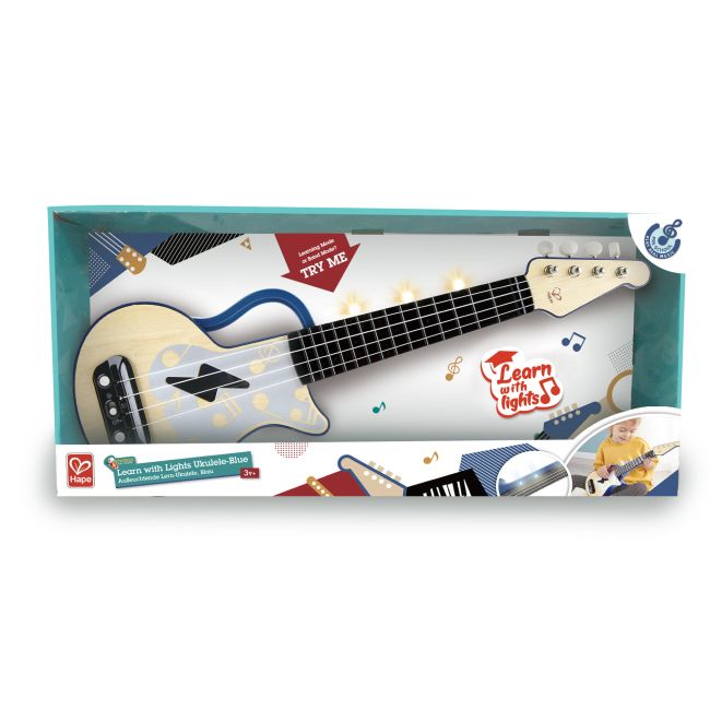 Jucarie din lemn - Instrument Ukulele (chitara) albastru - invata sa canti cu lumini TSG25567