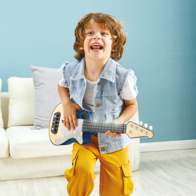 Jucarie din lemn - Instrument Ukulele (chitara) albastru - invata sa canti cu lumini TSG25567