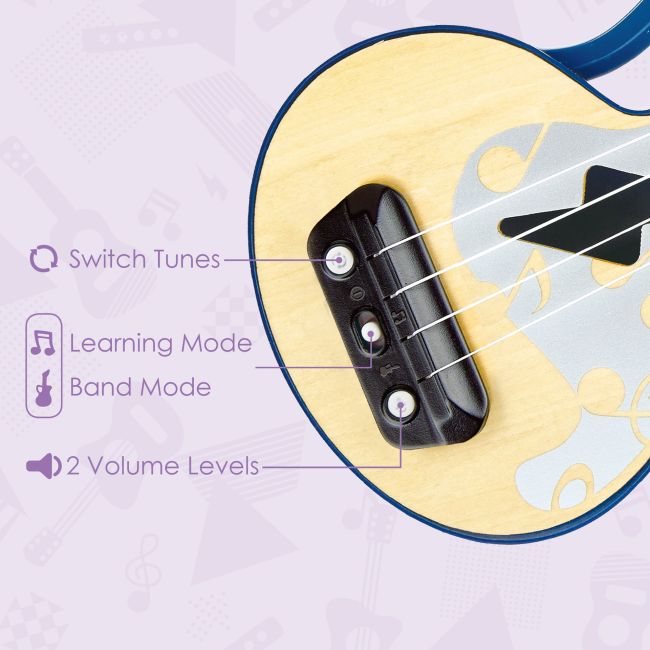 Jucarie din lemn - Instrument Ukulele (chitara) albastru - invata sa canti cu lumini TSG25567