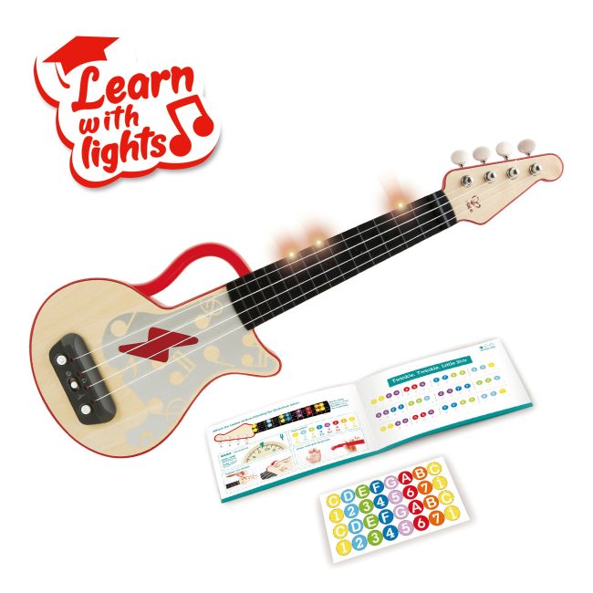 Jucarie din lemn - Instrument Ukulele (chitara) rosu - invata sa canti cu lumini TSG25558