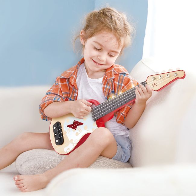 Jucarie din lemn - Instrument Ukulele (chitara) rosu - invata sa canti cu lumini TSG25558