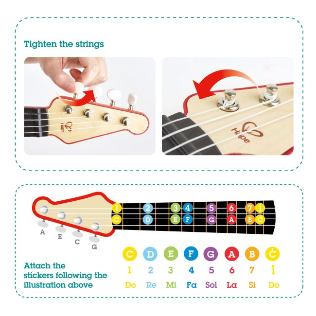 Jucarie din lemn - Instrument Ukulele (chitara) rosu - invata sa canti cu lumini TSG25558