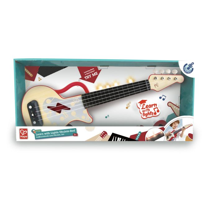 Jucarie din lemn - Instrument Ukulele (chitara) rosu - invata sa canti cu lumini TSG25558