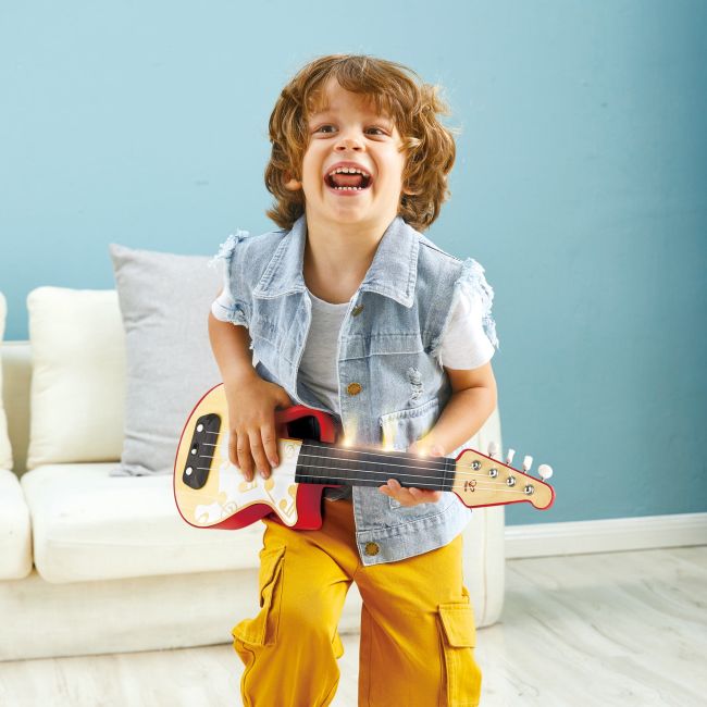 Jucarie din lemn - Instrument Ukulele (chitara) rosu - invata sa canti cu lumini TSG25558