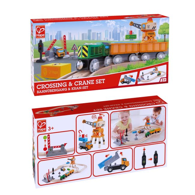 Jucarie din lemn - Set tren de marfa cu macara (34 piese)