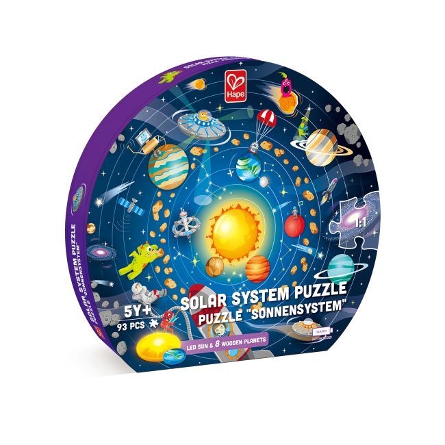 Puzzle Sistemul Solar pentru copii, cu led si planete din lemn (102 piese)