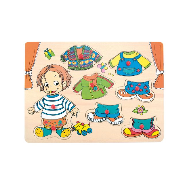 Puzzle din lemn cu butoni - Imbraca-l pe Sebastian