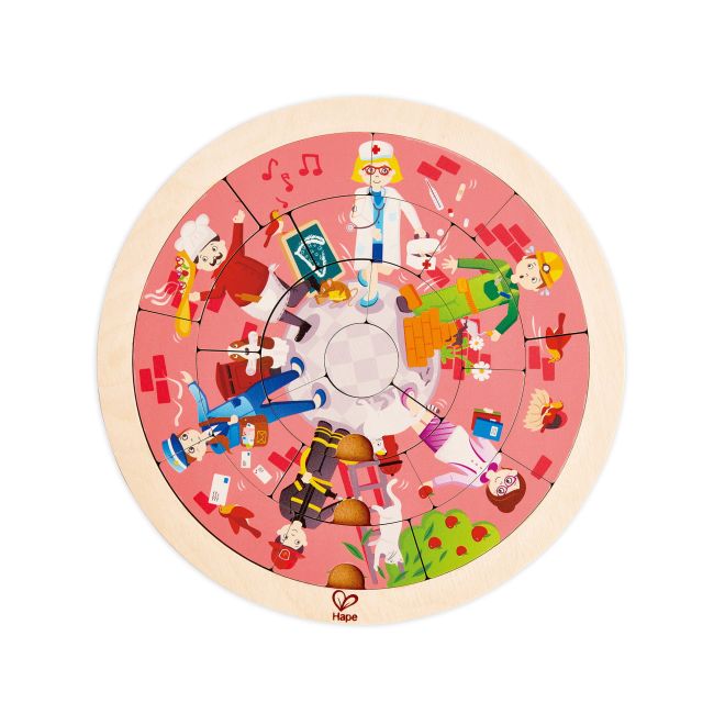 Puzzle din lemn cu doua fete: giratoriu si meserii (19 piese)