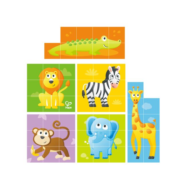 Puzzle din lemn cuburi - Animale din Jungla 3 x 3