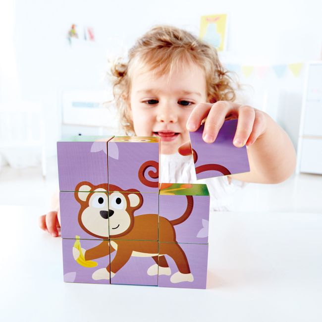 Puzzle din lemn cuburi - Animale din Jungla 3 x 3