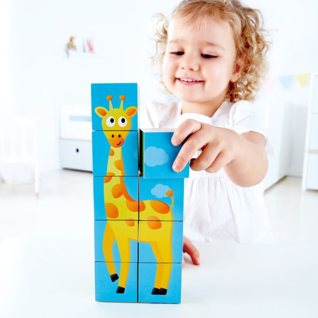 Puzzle din lemn cuburi - Animale din Jungla 3 x 3