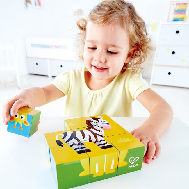 Puzzle din lemn cuburi - Animale din Jungla 3 x 3