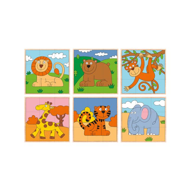 Puzzle din lemn cuburi - Animale exotice 3 x 3