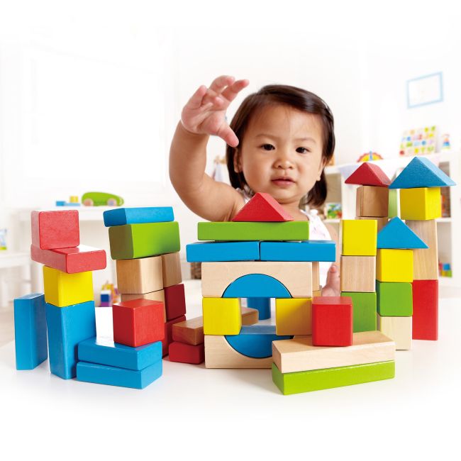 Cuburi din lemn de construit colorate (50 piese)