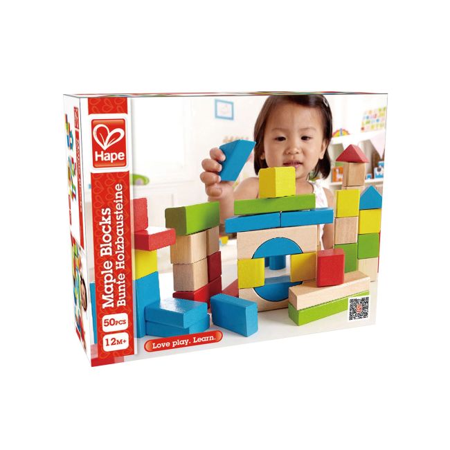 Cuburi din lemn de construit colorate (50 piese)
