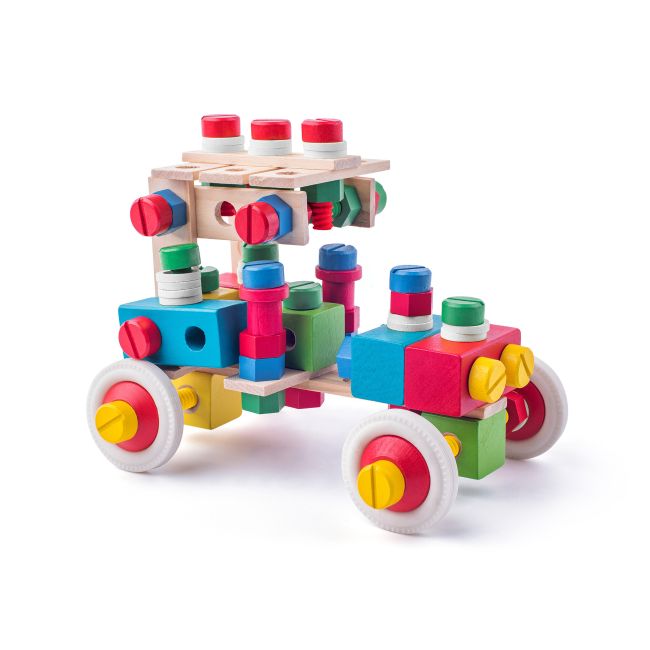 Jucarie din lemn - Set de constructie la galeata (144 piese)