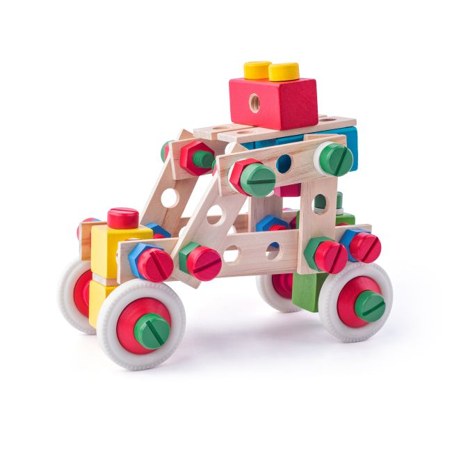 Jucarie din lemn - Set de constructie la galeata (144 piese)