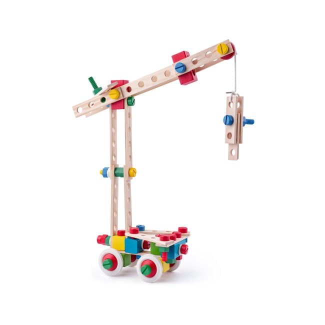 Jucarie din lemn - Set de constructie la galeata (144 piese)