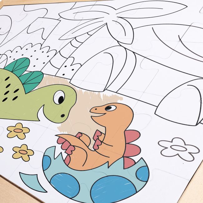 Puzzle din lemn 2 in 1 - Dinozauri (26 piese), cu fata dubla si activitate colorare