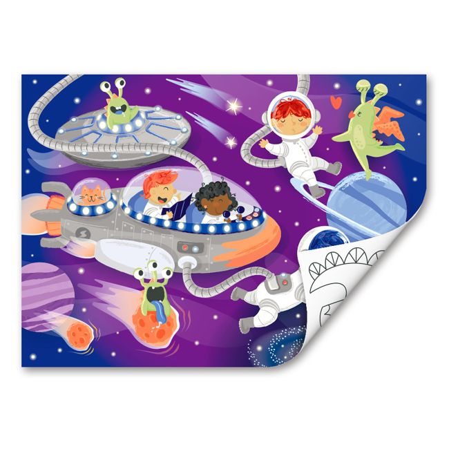 Puzzle din lemn 2 in 1 - Prietenii din Spatiu (50 piese), cu fata dubla si activitate colorare