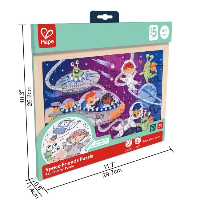 Puzzle din lemn 2 in 1 - Prietenii din Spatiu (50 piese), cu fata dubla si activitate colorare