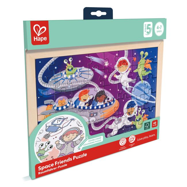 Puzzle din lemn 2 in 1 - Prietenii din Spatiu (50 piese), cu fata dubla si activitate colorare
