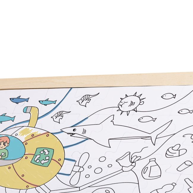 Puzzle din lemn 2 in 1 - Salvarea Oceanului (50 piese), cu fata dubla si activitate colorare