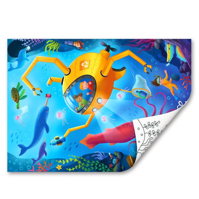 Puzzle din lemn 2 in 1 - Salvarea Oceanului (50 piese), cu fata dubla si activitate colorare