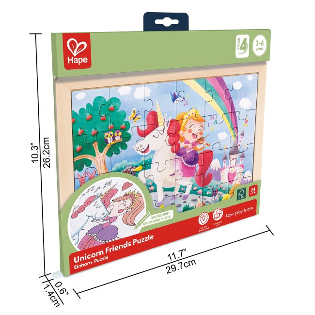 Puzzle din lemn 2 in 1 - Unicorn (26 piese), cu fata dubla si activitate colorare
