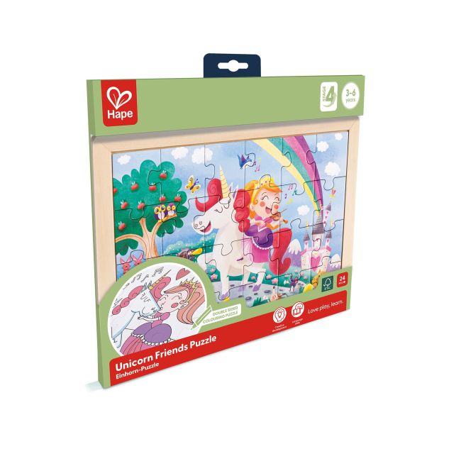Puzzle din lemn 2 in 1 - Unicorn (26 piese), cu fata dubla si activitate colorare