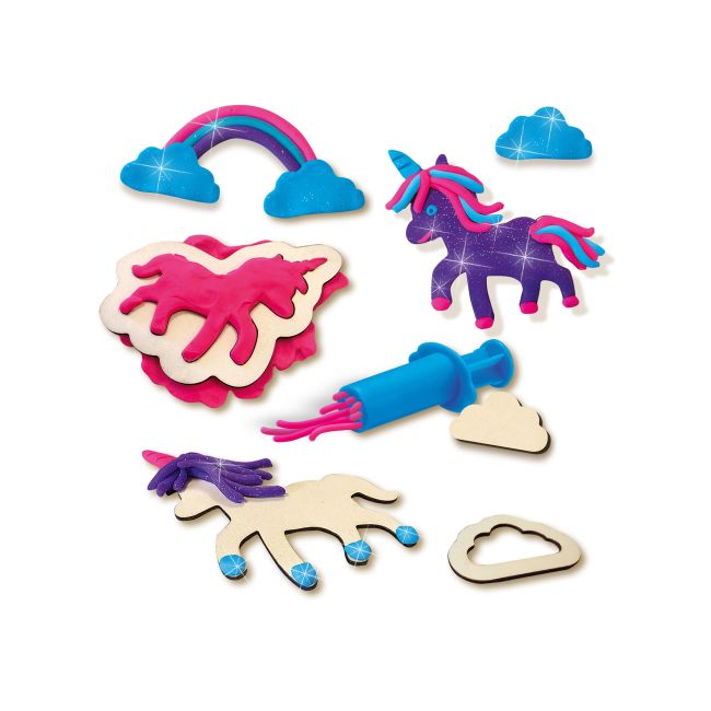 Set creativ copii cu unicorni din lemn si plastilina cu sclipici
