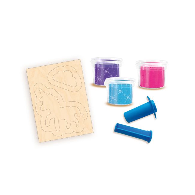 Set creativ copii cu unicorni din lemn si plastilina cu sclipici