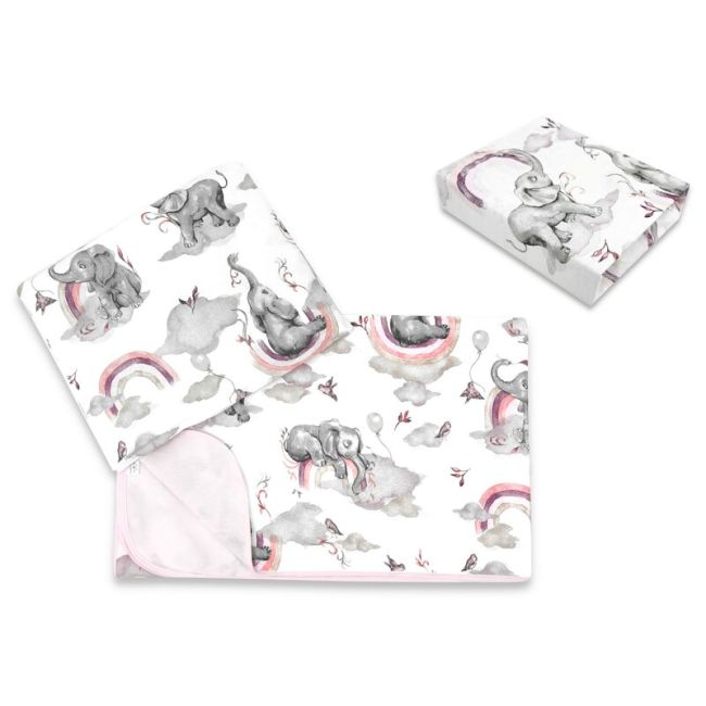 Lenjerie pat junior cu 3 piese, Qmini, Cu cearceaf 160x80 cm, Din bumbac certificat Oeko Tex Standard 100, Cu paturica si pernuta, Elephants on Rainbow Pink BYN6426972025140